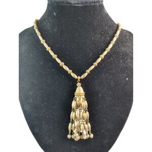 Vintage Trifari Gold Tone Tassel Necklace, 19" Fold Over Clasp Closure